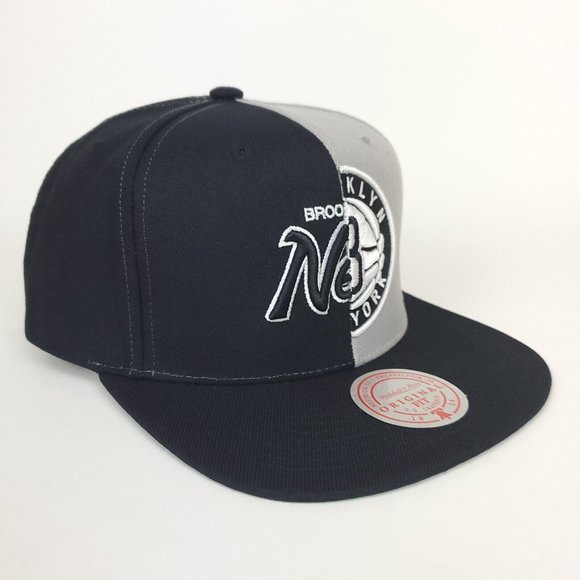 Brooklyn Nets Mitchell & Ness NBA Snapback Hat Split 3D Logo Black Gray Cap NWT - Picture 3 of 8